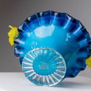 Blue Murano Glass Handle Bowl with Yellow Flowers - Vintage 1970s Italian Mid-Century Decor