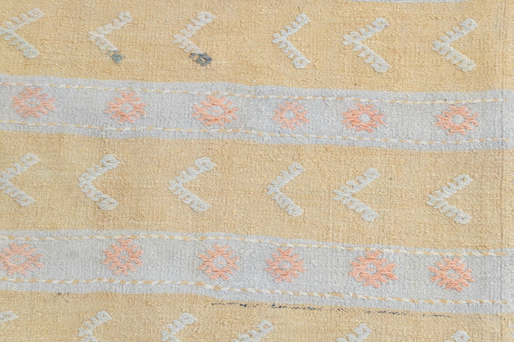 Soft Beige & Mustard Yellow Striped Wool Kilim Rug, 155x396