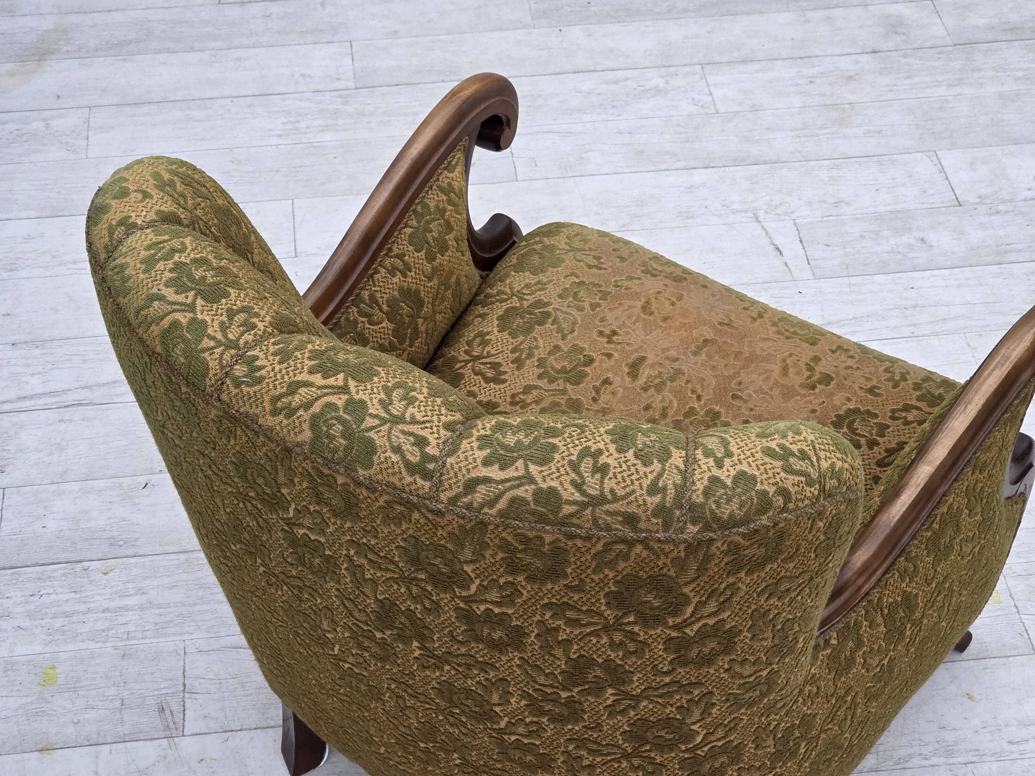 1950s, Danish armchair, furniture wool, hand carved oak wood.