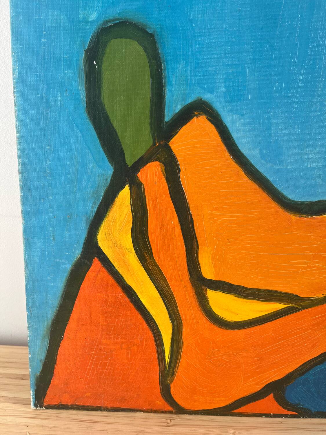 Abstract woman lying down, oil on cardboard signed.