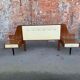 G-Plan headboard from the 1960s in brown wood, with integrated bedside tables and glass tops.