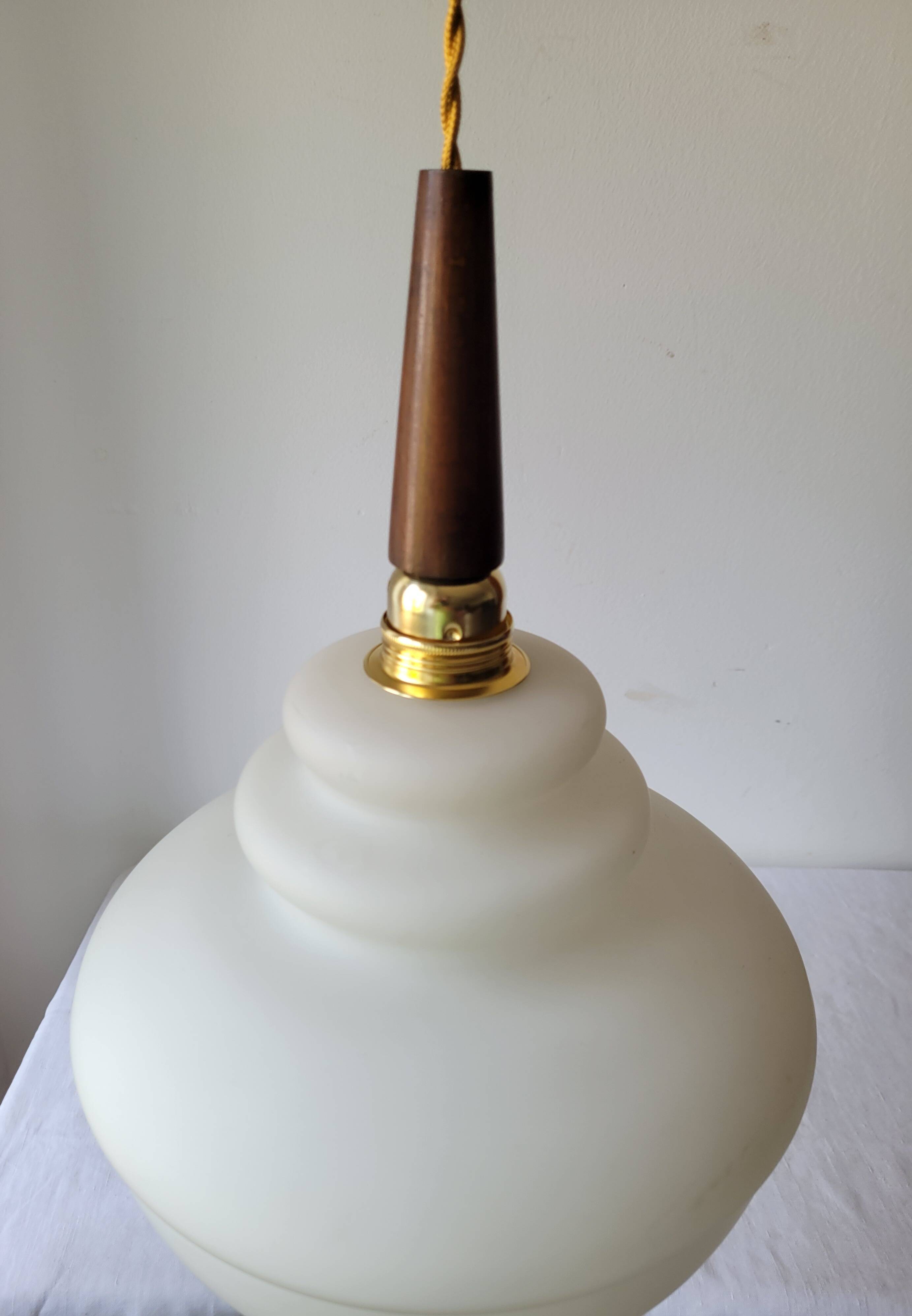 Opaline and teak pendant light