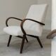 Pair of Jaroslav Smidek armchairs for Ton Bystrice, restored with white boucle, 1960.