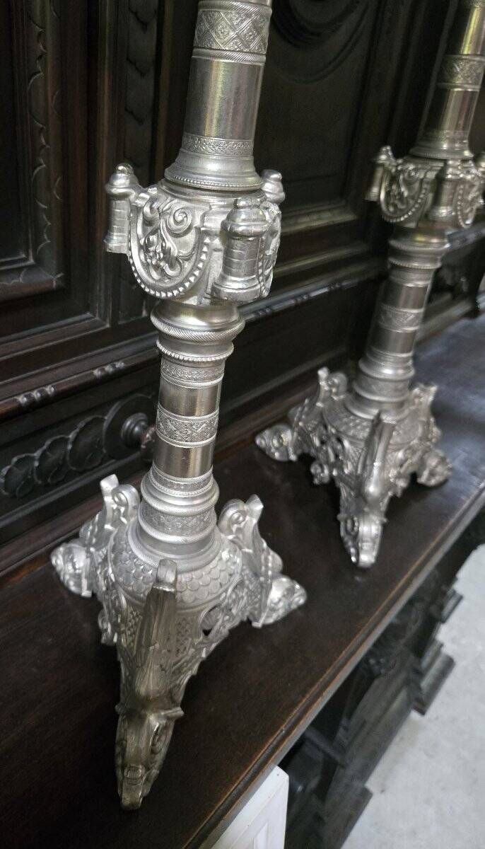 large pair of silvered bronze candlesticks from the 19th century
