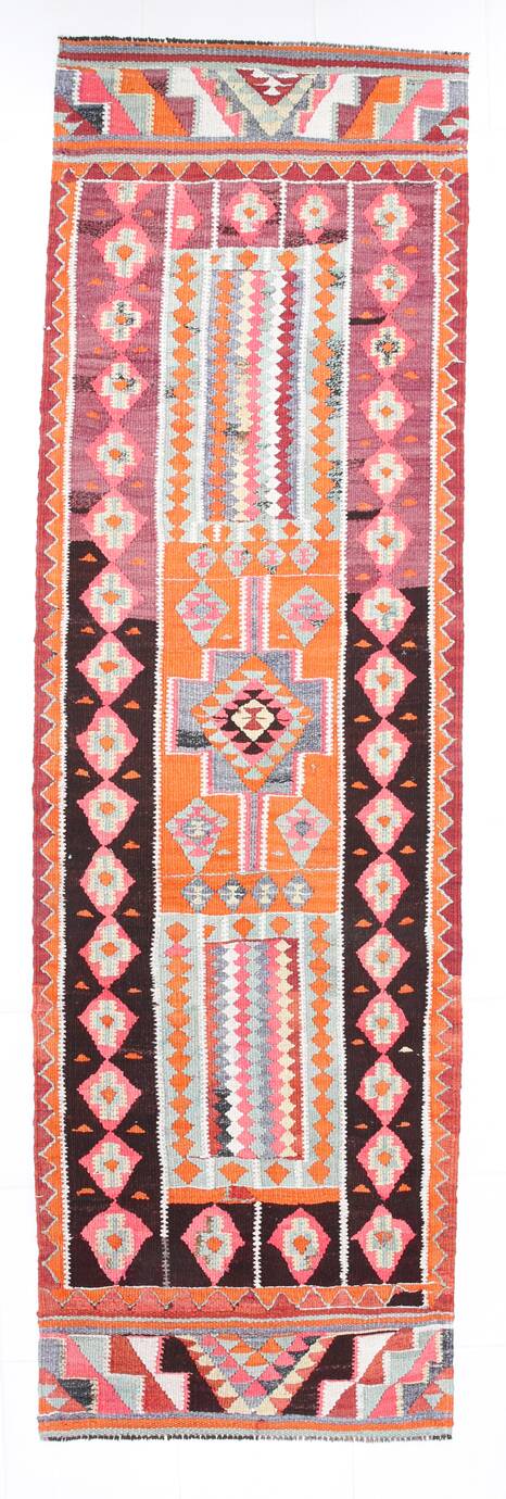 3x11 Burgundy & Orange Vintage Runner Rug, 95x325Cm