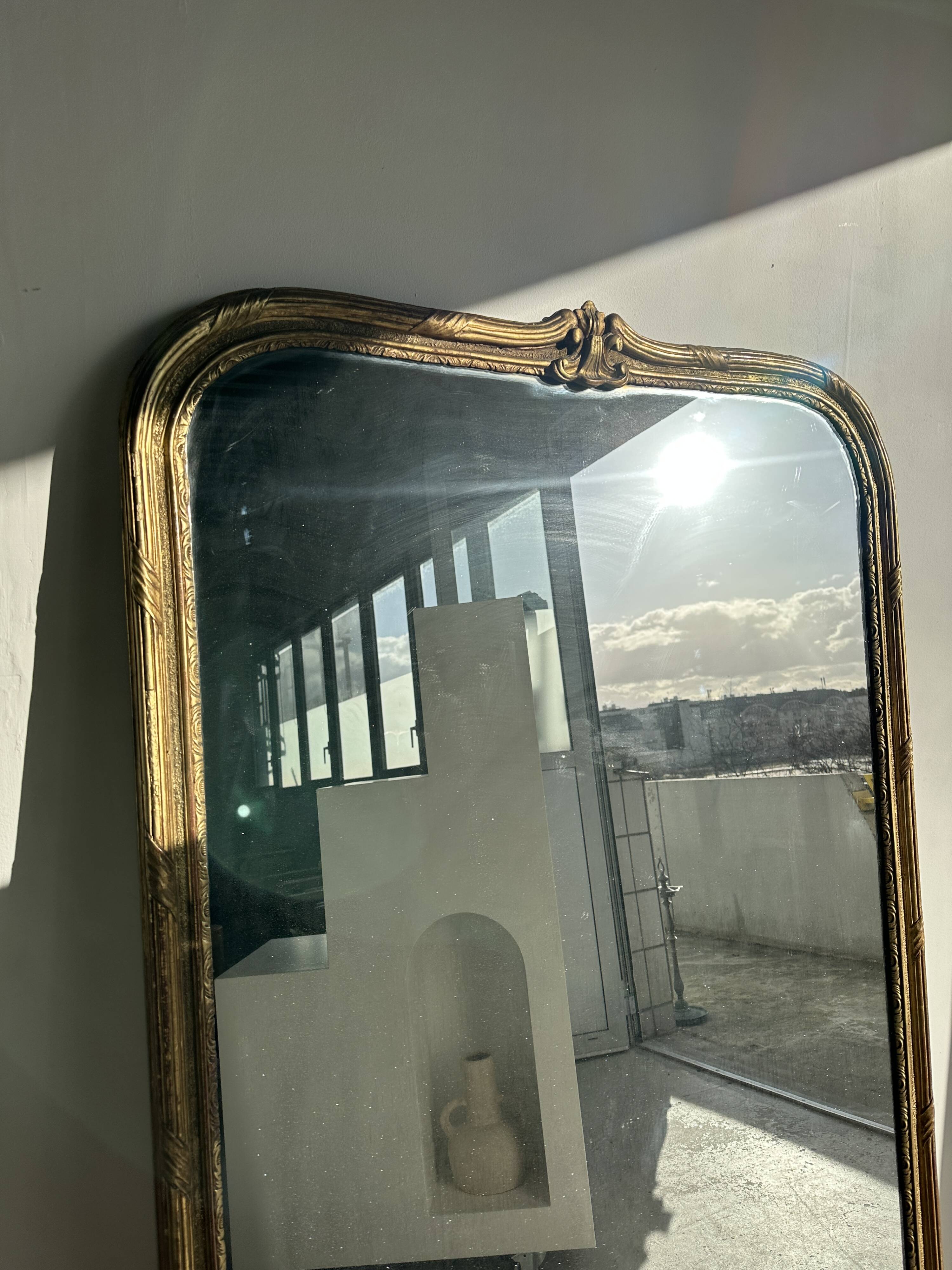 Large gilded mirror 19th century rounded corners mercury glass Louis XVI style