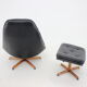 Madsen and Schubell Black Leather Reclining Chair and Stool, Denmark 1960