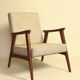 Fauteuil scandinave en bois rénové tissus granola beige 1970
