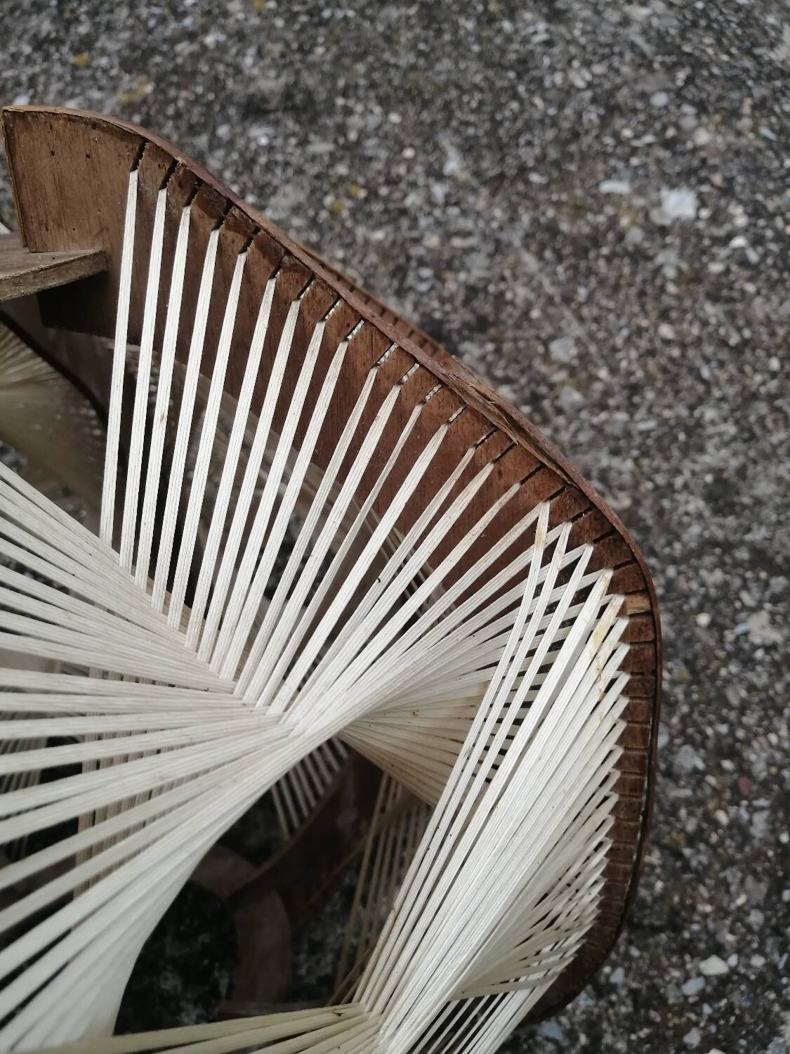 Pair of vintage wooden and rattan straw pendant lights.