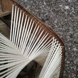 Pair of vintage wooden and rattan straw pendant lights.