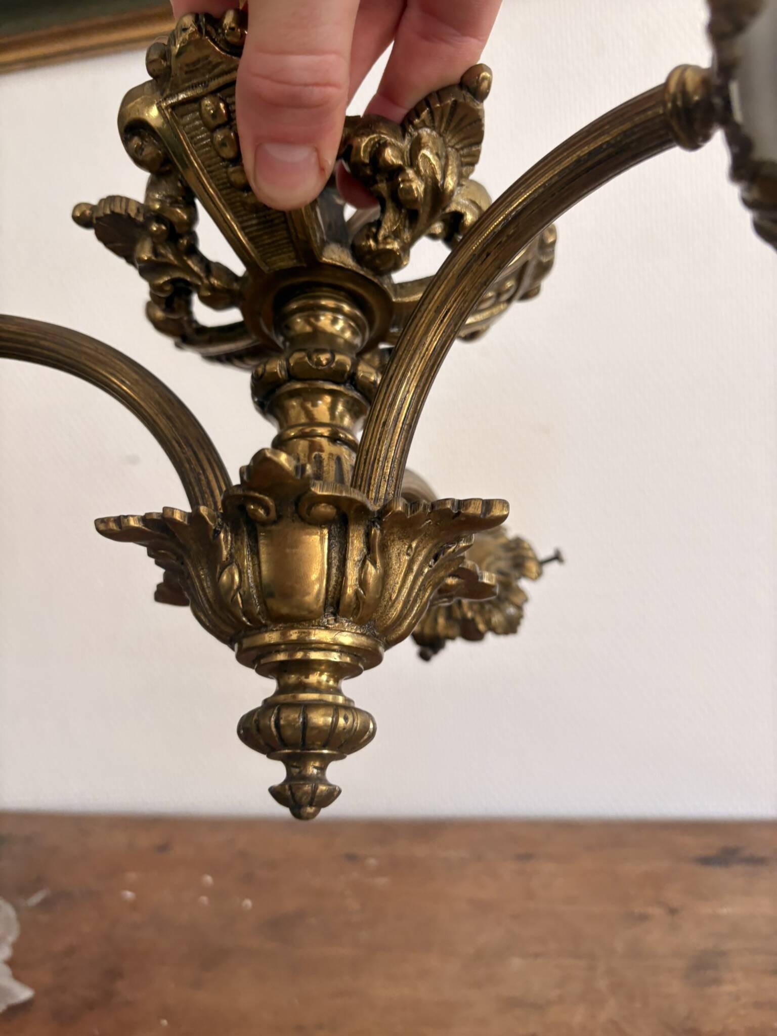 Antique Bronze Ceiling Chandelier with Fringed Glass Tulips, 3 Arms, Art Nouveau