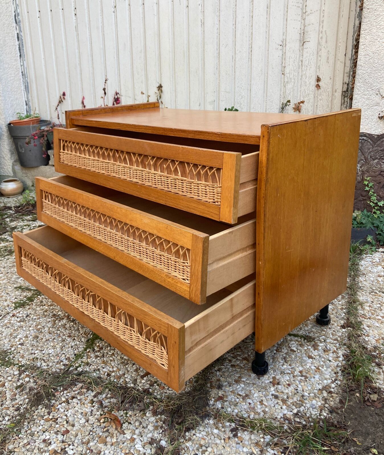 Rattan chest of drawers and vintage wood