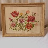 Old painting, gouache on paper, flowers, roses and carnations, framed, under glass.