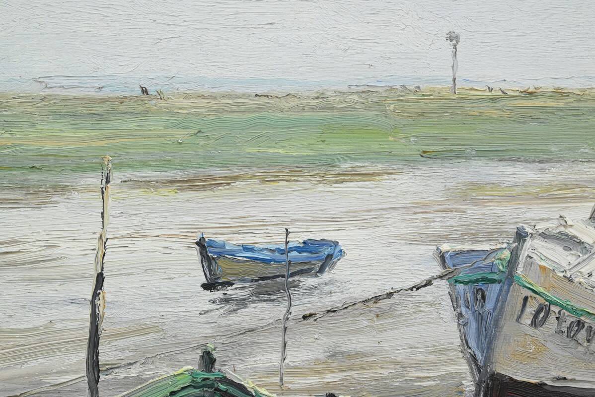Painting “Boats at Low Tide”, signed J-P. Guinegault – 2nd part 20th century