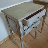 Pair of patinated bedside tables. Three drawers. End tables.