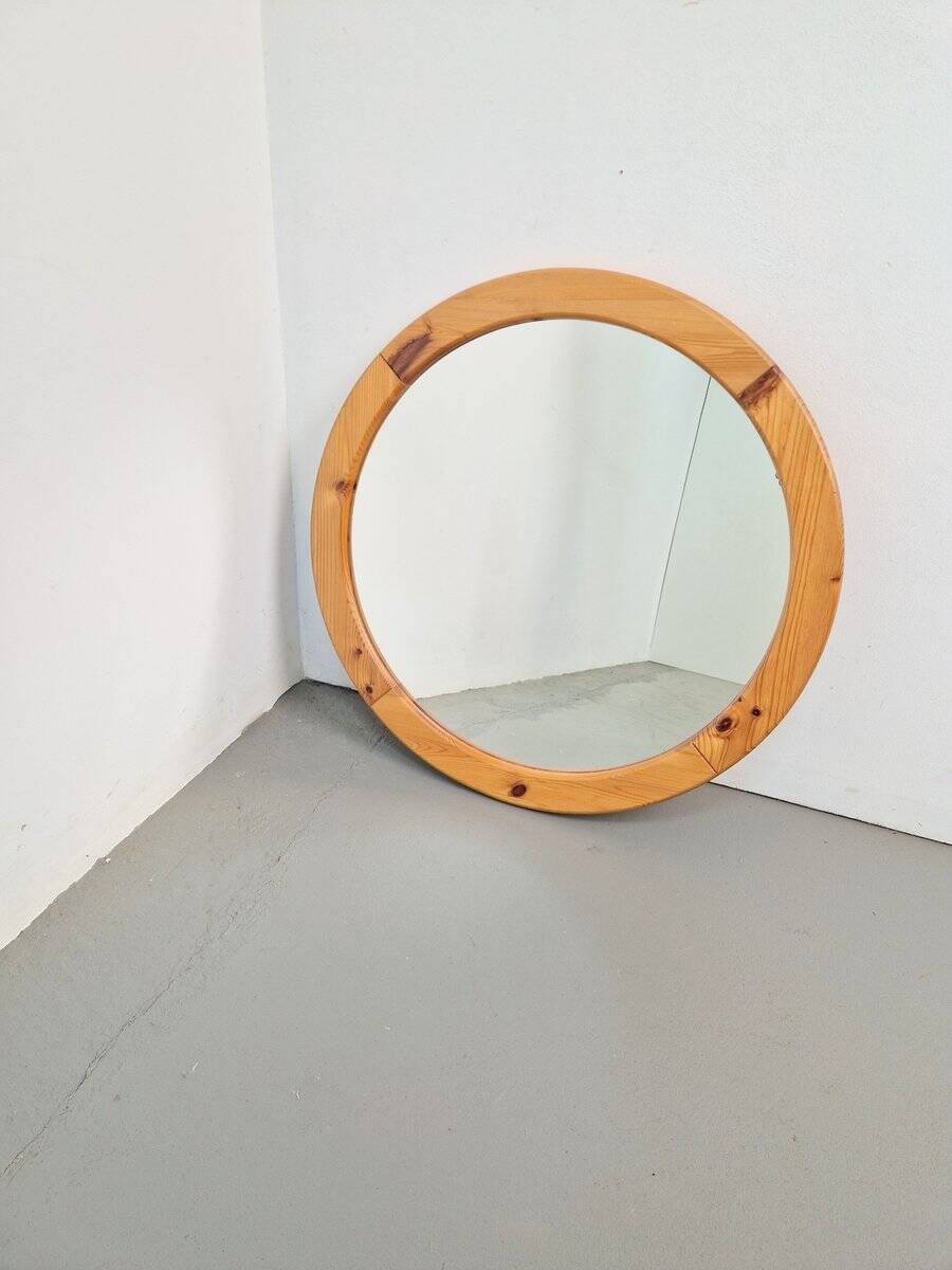 Scandinavian Round Pine Mirror, 1970s
