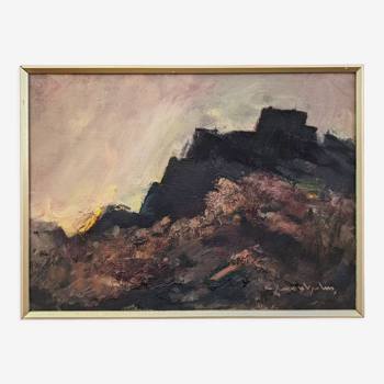 Mid-Century Modern "Break of Day" Swedish Abstract Landscape Oil Painting, Framed