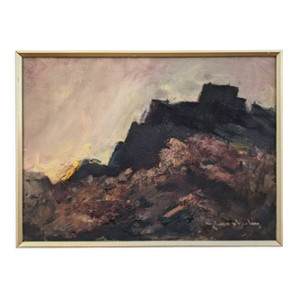 Mid-Century Modern "Break of Day" Swedish Abstract Landscape Oil Painting, Framed