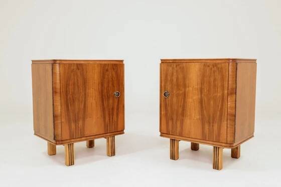 Pair of antique Art Deco bedside tables, walnut veneer, refurbished