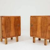Pair of antique Art Deco bedside tables, walnut veneer, refurbished