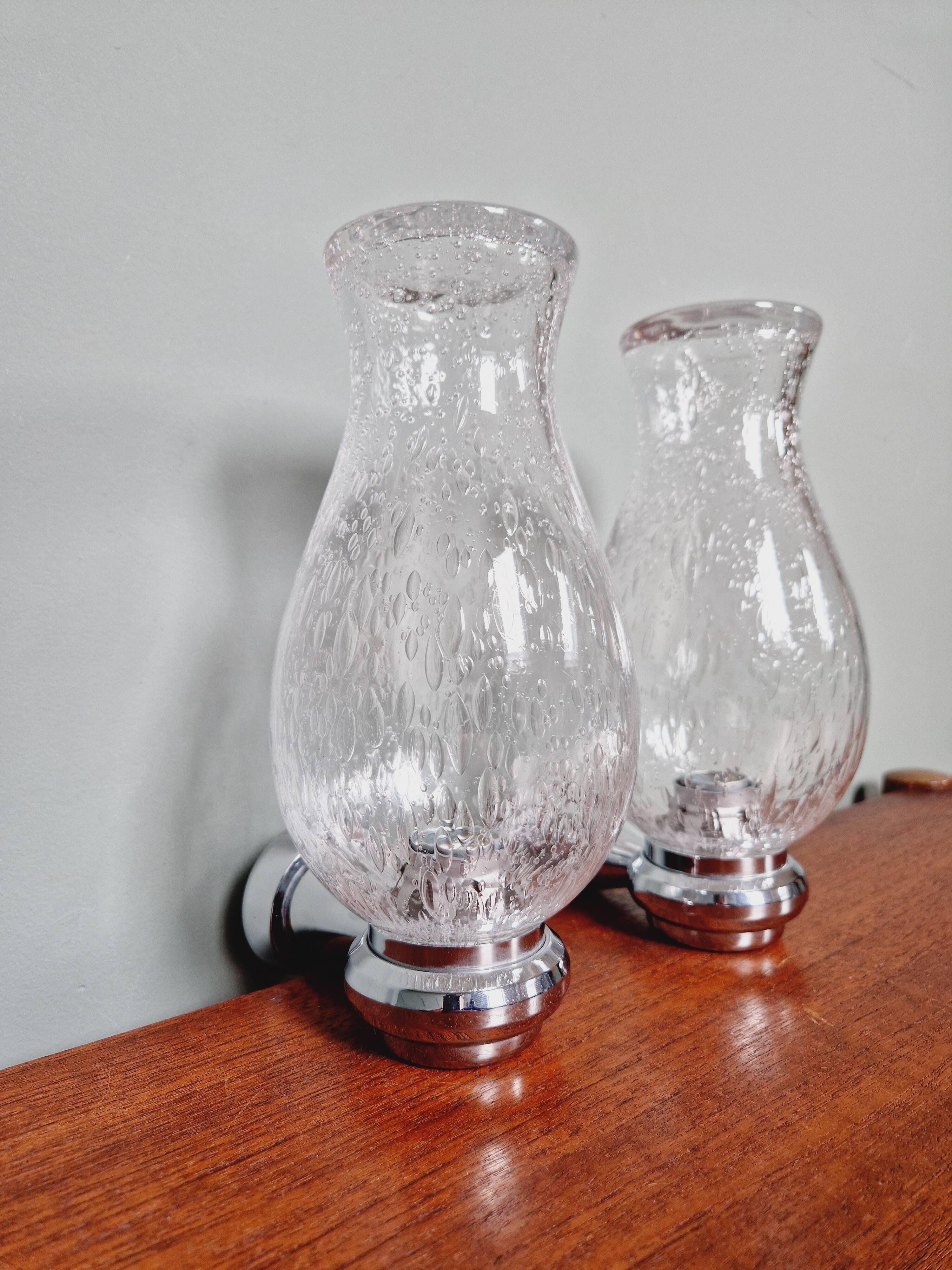 Pair of blown glass and chrome-plated metal wall lights, 1970s
