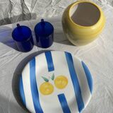 3 large Italian plates with blue stripes and lemons pattern