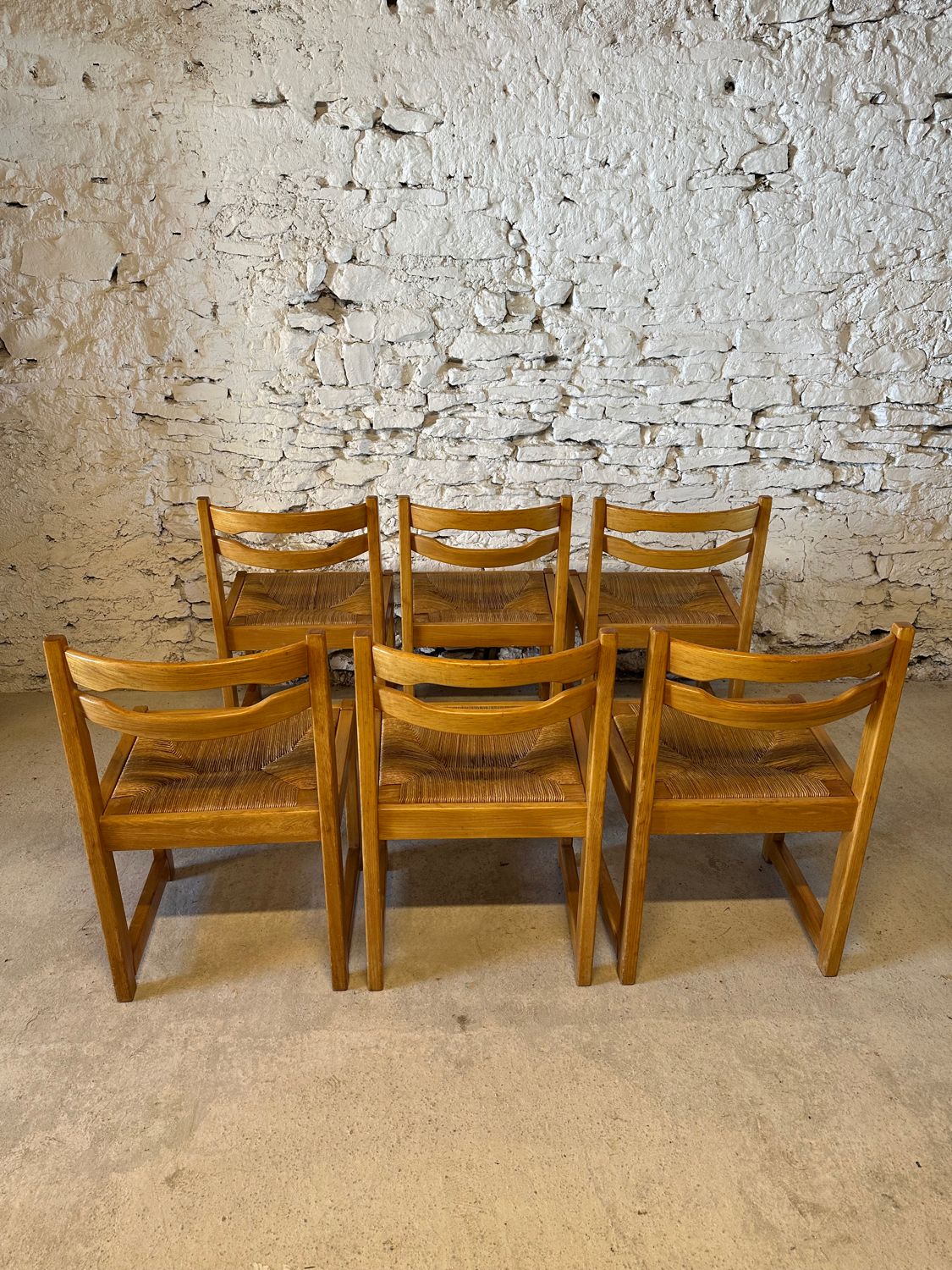 6 Regain House chairs - Elm and straw - 1980 - Vintage - Brutalist