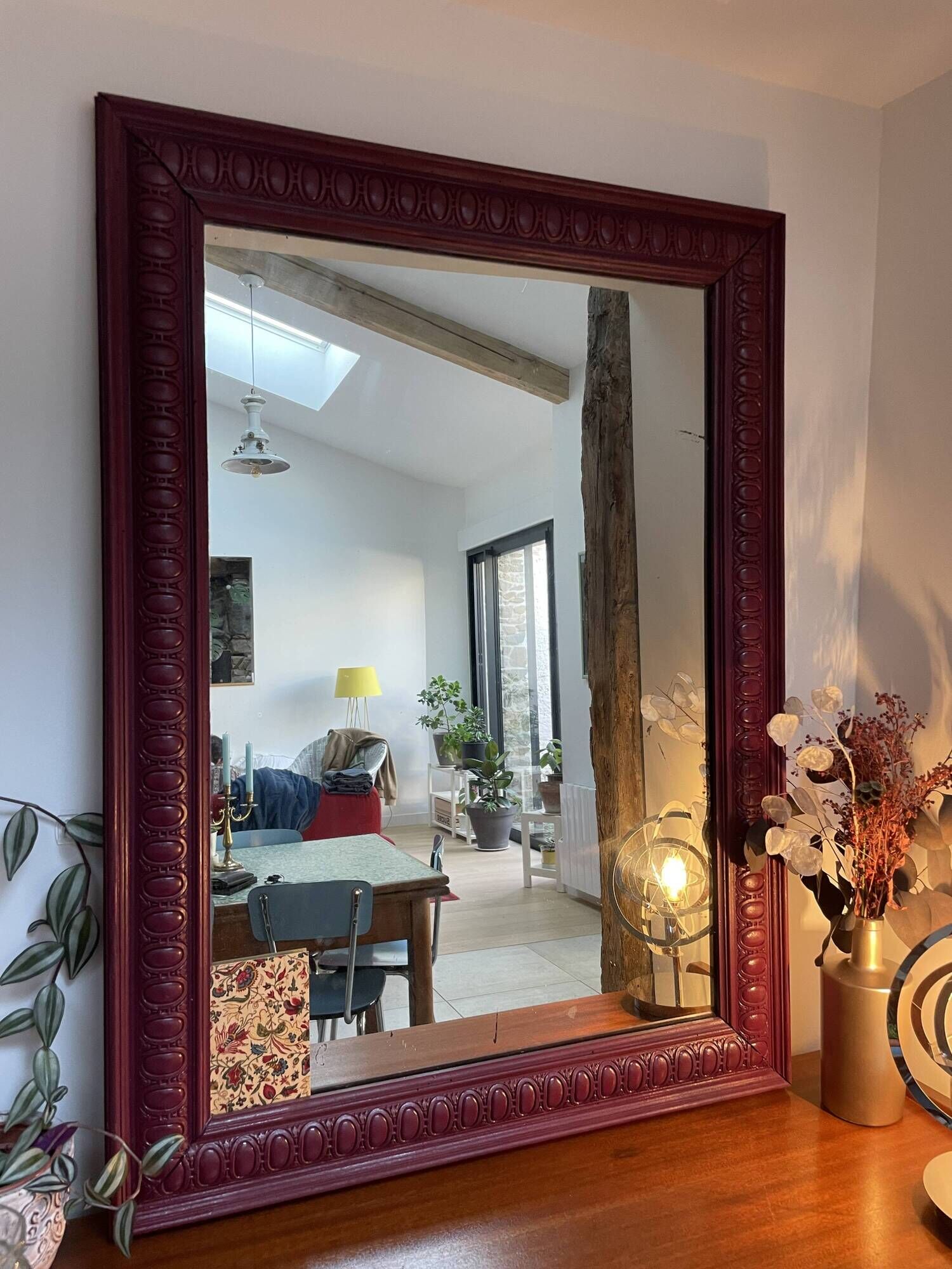 Large antique moulded mirror in wine red / plum (101 x 74 cm)