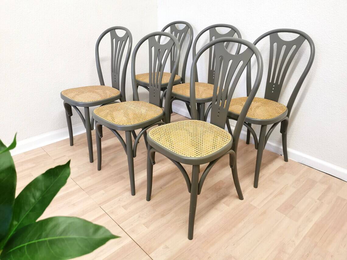 Set of 6 Vintage Gray Bentwood Dining Chair: Thonet Style Cane Seat