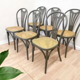 Lot de 6 chaises de salle à manger vintage en bois courbé gris : siège en rotin style Thonet