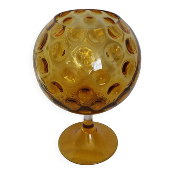 Coupe calice vase ballon sur pied XXL en verre ambré à relief bulles Empoli