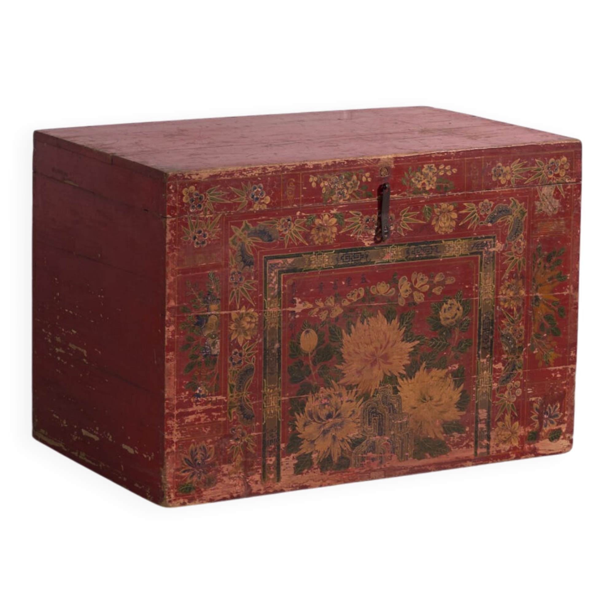 Antique chest painted vermilion red in pine wood – China, circa 1900