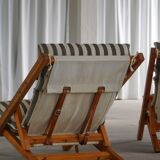 Mid-century dining/lounge chairs in pine and striped cotton canvas, Denmark, 1970s.