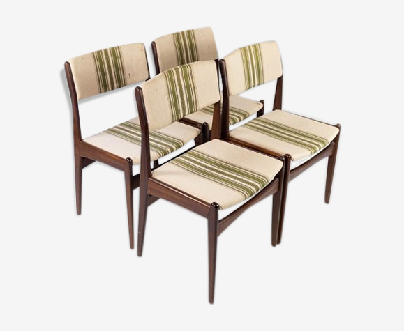 Ensemble de quatre chaises de salle à manger en teck et rembourré de tissu rayé, par Erik Buch