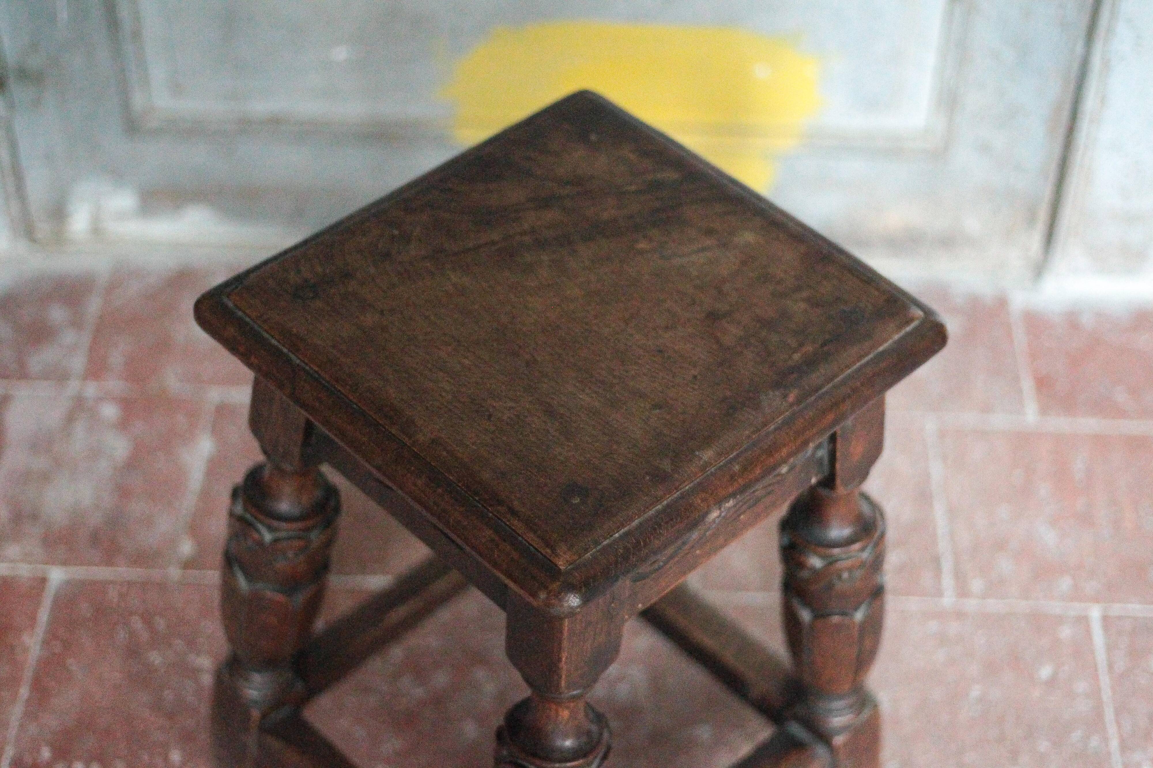 Antique wooden stool in Elizabethan English style, occasional stool