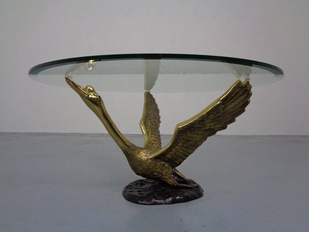French Swan Coffee Table in Brass and Glass, 1960s
