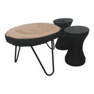 Set of 3 wooden furniture pieces made in Indonesia.