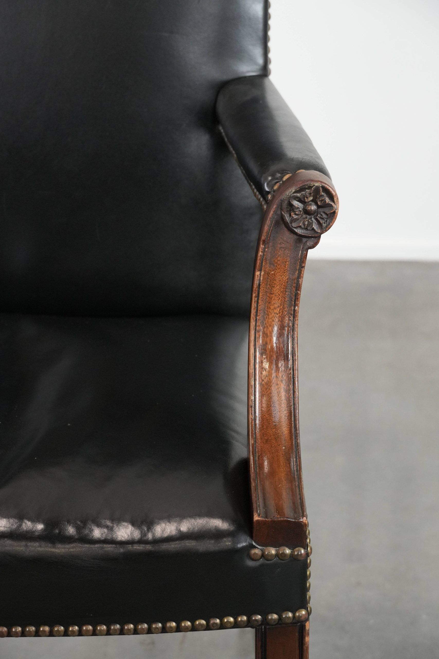 Wooden and black cow leather antique English Gainsborough side/desk/chair