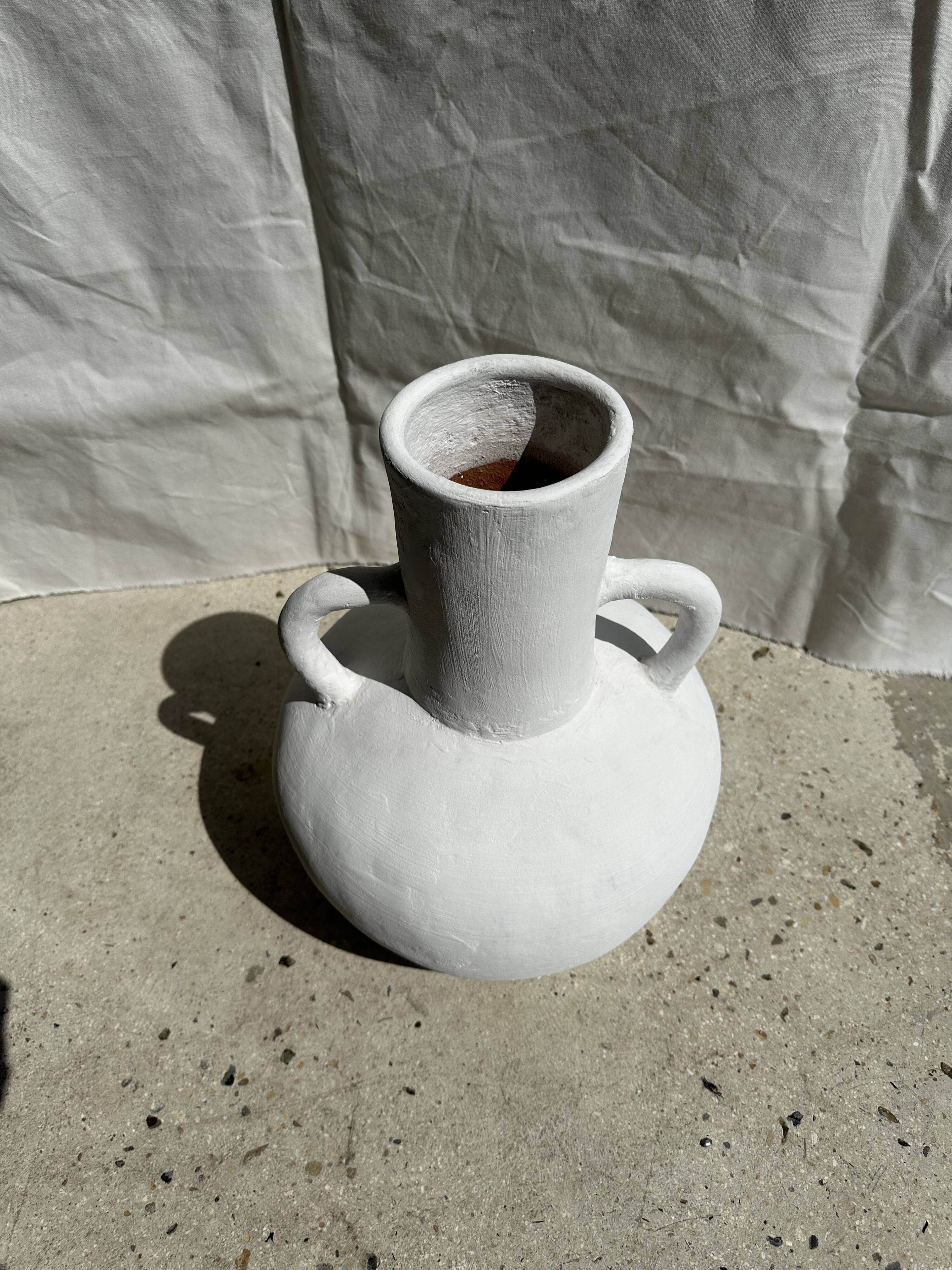 Large handcrafted terracotta vase painted white with double handles H40 D30