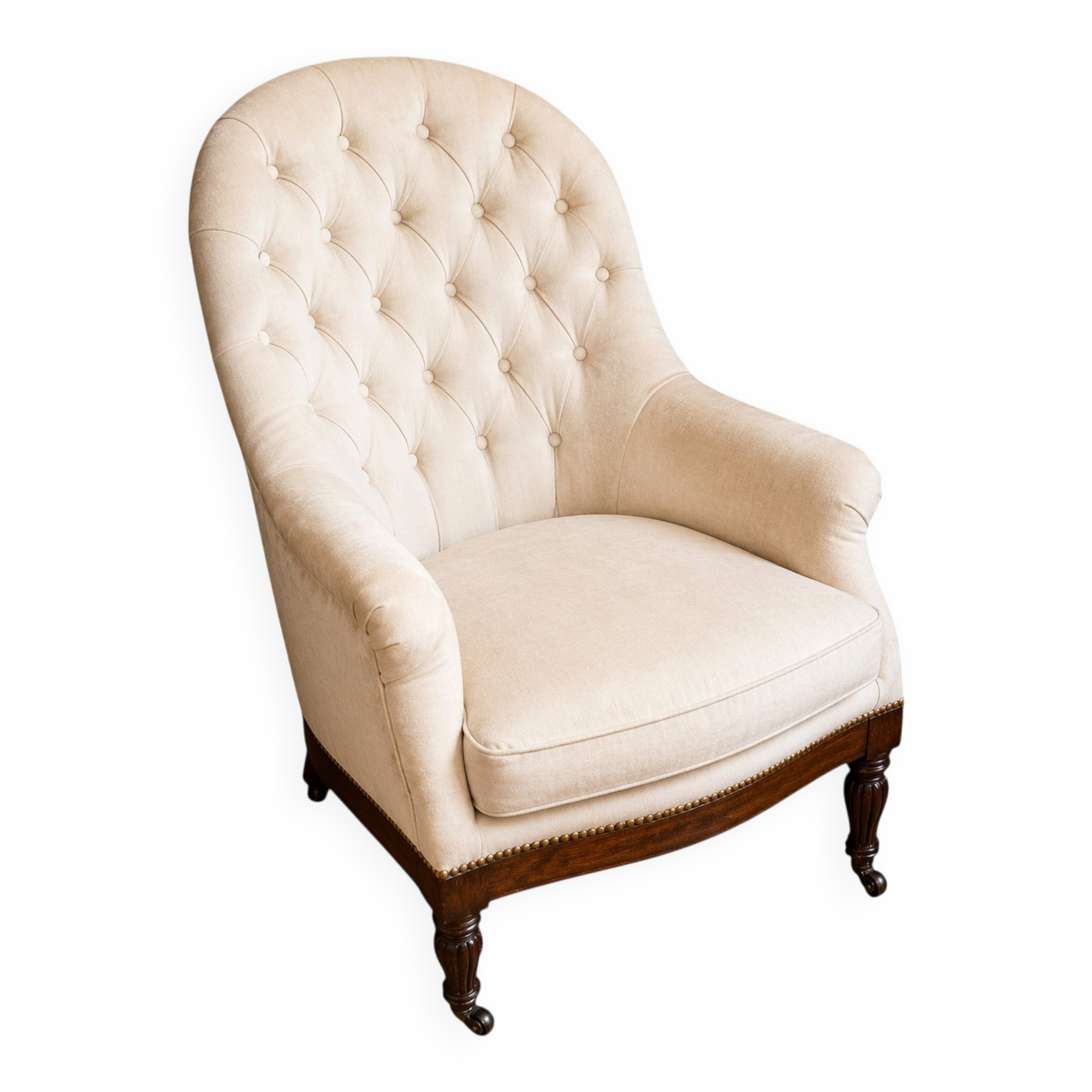 Cabriolet armchair in mahogany, Napoleon III period, tufted fabric, 19th century.