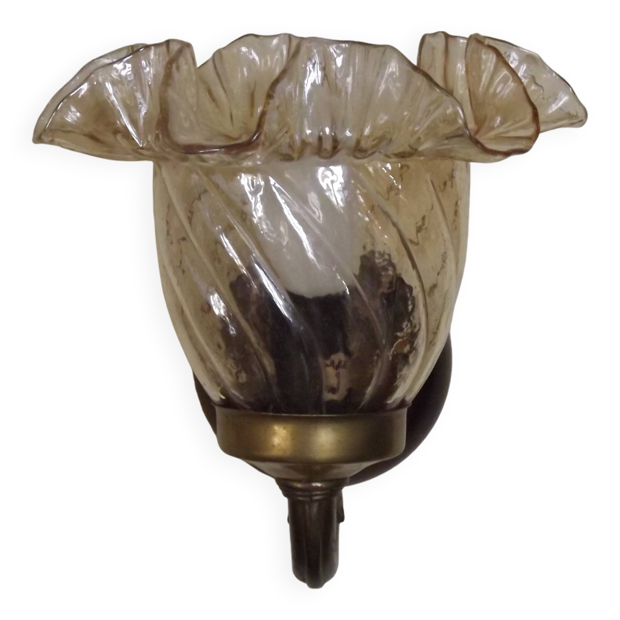 Vintage wooden and metal wall light with bronze effect, amber glass shade 5168