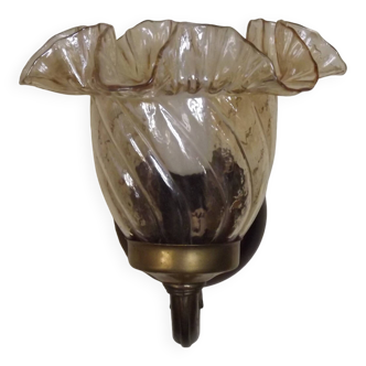 French Vintage Wood & Bronze Effect Metal Wall Light Amber Glass Shade 5168