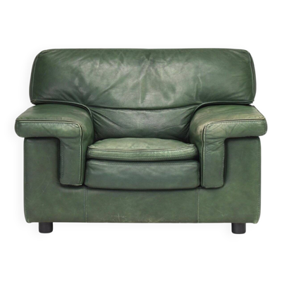 Fauteuil lounge Roche Bobois en cuir patiné vert d'origine, 1970