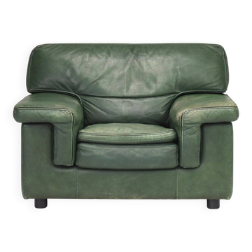 Fauteuil lounge Roche Bobois en cuir patiné vert d'origine, 1970