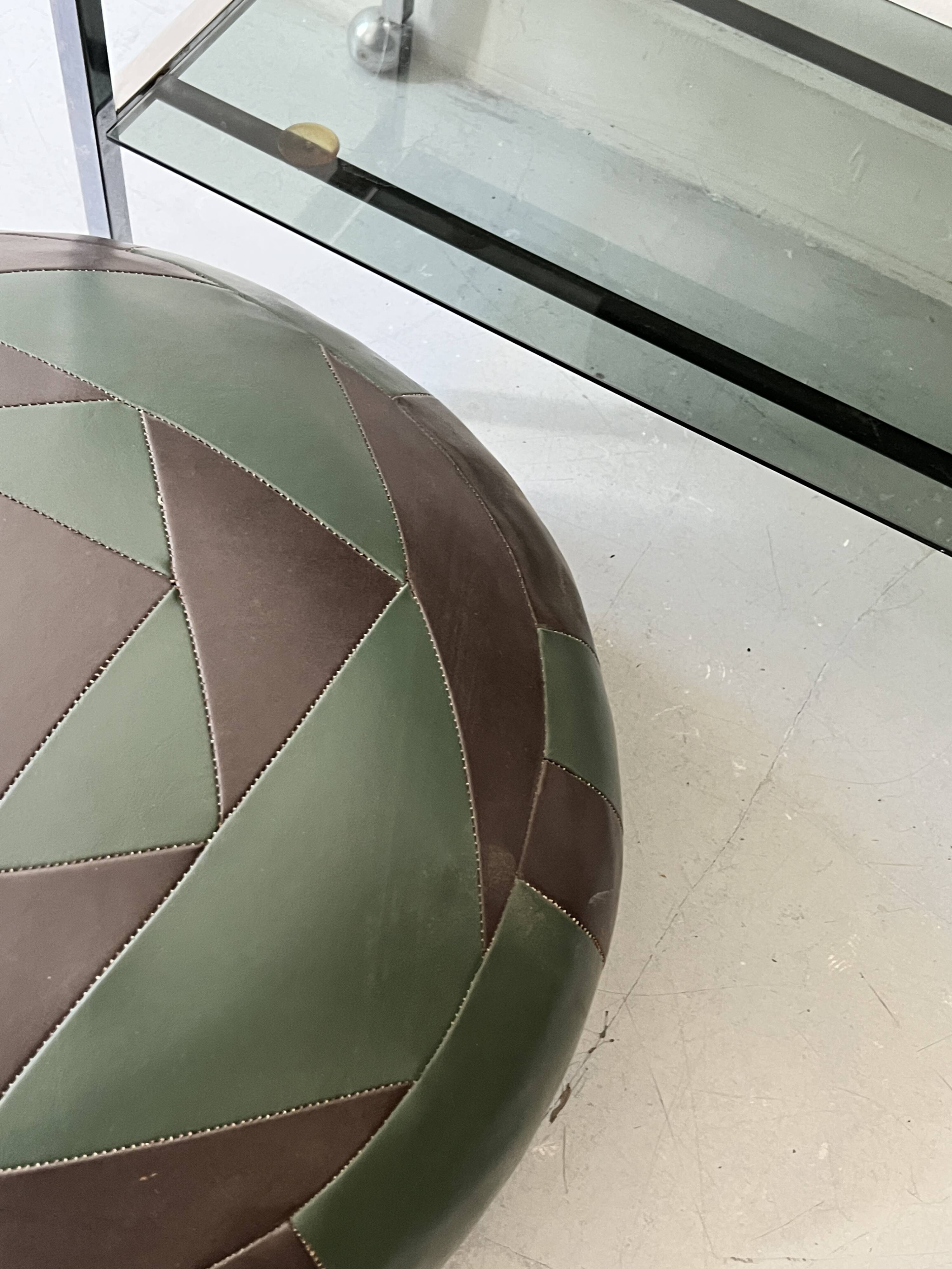 round pouf in genuine green and brown patchwork leather, 1970