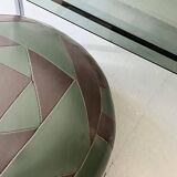 pouf rond en cuir véritable patchwork vert et marron, 1970