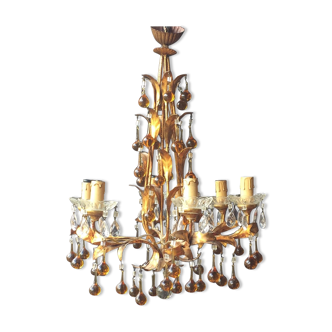 Chandelier 6 lights tassels color and frame foliage gold metal