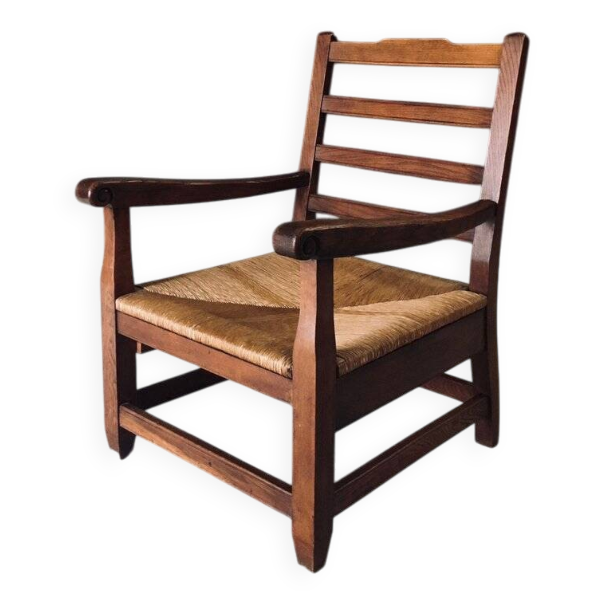Rustic Oak & Rush Armchair, France, 1930s