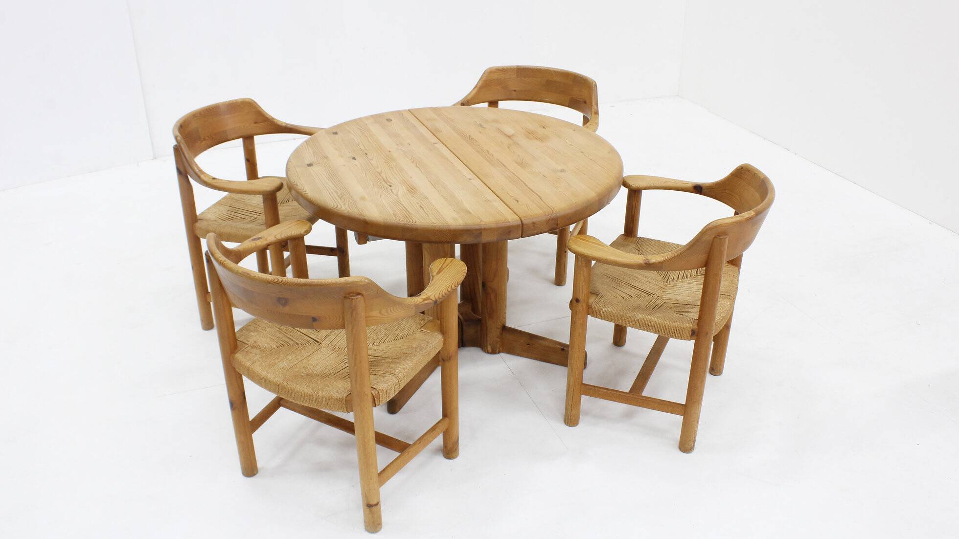 Set vintage dining table and dining chairs pine wood papercord