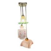 Suspension vintage à 3 lumières, verre et opaline